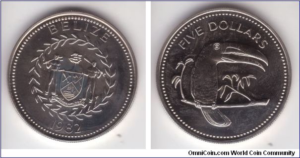 KM-89, Belize 1982 5 dollars; copper nickel Franklin Mint (FM) Uncirculated (U), some toning starting