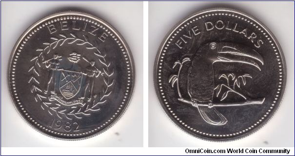KM-89, Belize 1982 5 dollars; copper nickel Franklin Mint (FM) Uncirculated (U), some toning starting