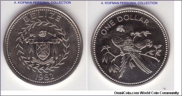 KM-88, 1982 Belize dollar, Franklin mint (F mint mark); copper-nickel, reeded edge, uncirculated finish; nice bright coin.