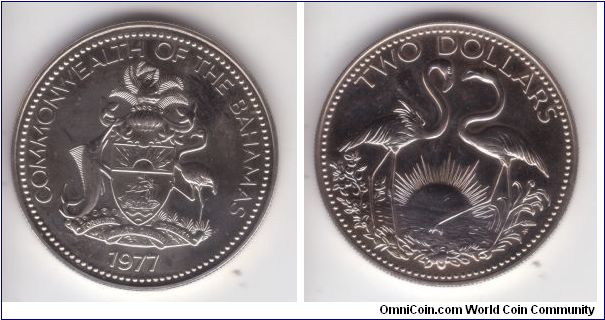 1977 Bahamas 2 dollars; copper nickel franklin Mint (FM) regular uncirculated (U); reeded edge,