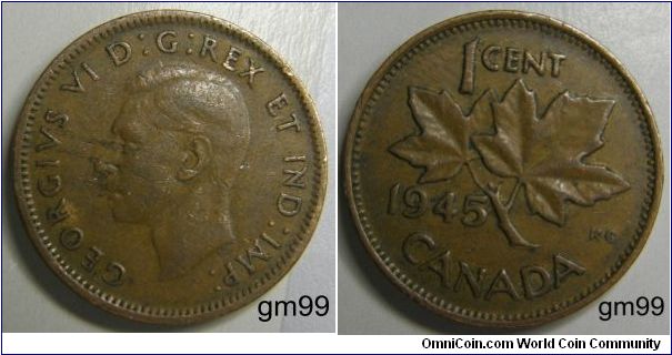 Obverse;King George VI left. Reverse; Maple leaf divides date and denomination, Bronze,1Cent