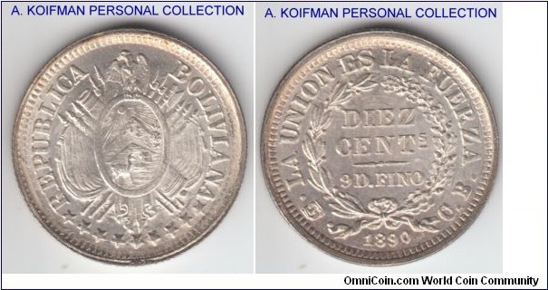 KM-158.3, 1890 Bolivia 10 centavos, CB essayer initials; silver, reeded edge; in nice BU condition, both date and initials were recut.