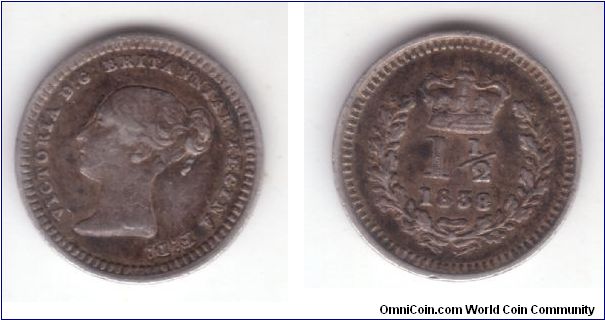 KM-728, 1838 1 and 1/2 pence Great Britain; On these tiny coins grading is extremely hard in part because the bust details are in high relief and wear down immediately; probably in the VF area.