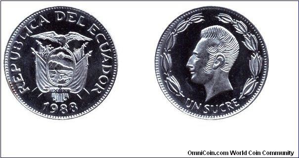 Ecuador, 1 sucre, 1988, Ni-Steel, Antonio Jose de Sucre, smaller size.                                                                                                                                                                                                                                                                                                                                                                                                                                              