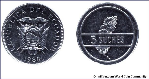 Ecuador, 5 sucres, 1988, Ni-Steel, Bananas.                                                                                                                                                                                                                                                                                                                                                                                                                                                                         