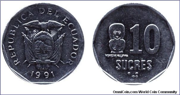 Ecuador, 10 sucres, 1991, Ni-Steel, Statue of Venus de Valdivia.                                                                                                                                                                                                                                                                                                                                                                                                                                                    