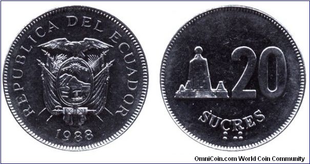 Ecuador, 20 sucres, 1988, Ni-Steel.                                                                                                                                                                                                                                                                                                                                                                                                                                                                                 