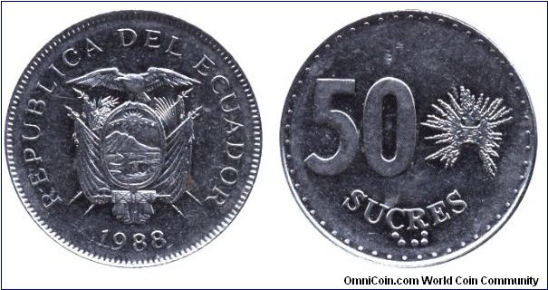 Ecuador, 50 sucres, 1988, Ni-Steel.                                                                                                                                                                                                                                                                                                                                                                                                                                                                                 