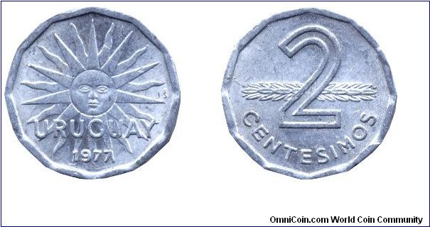 Uruguay, 2 centesimos, 1977, Al, Sun.                                                                                                                                                                                                                                                                                                                                                                                                                                                                               