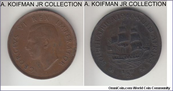 KM-24, 1940 South Africa (Dominion) half penny; bronze, plain edge; George VI, brown good very fine to extra fine eith darker reverse.