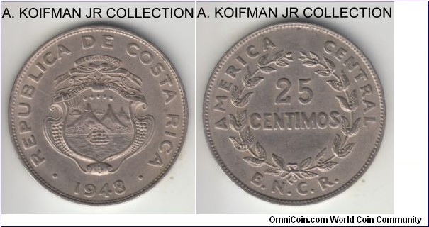 KM-175, 1948 Costa Rica 25 centimos, Royal Mint (London); copper-nickel, lettered edge; 2-year type, common coin, nice grade, extra fine or so.