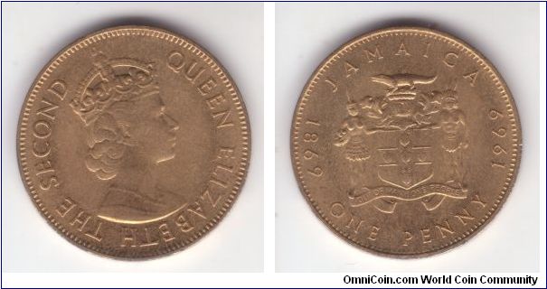 KM-42, 1969 Jamaica penny; Centennial coinage; mintage 30,000; unusual alloy of copper nickel and zinc, although it may give an interesting luster but it is not designed, in my opinion, to last long.