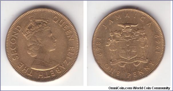 KM-42, 1969 Jamaica penny; Centennial coinage; mintage 30,000; unusual alloy of copper nickel and zinc, although it may give an interesting luster but it is not designed, in my opinion, to last long.