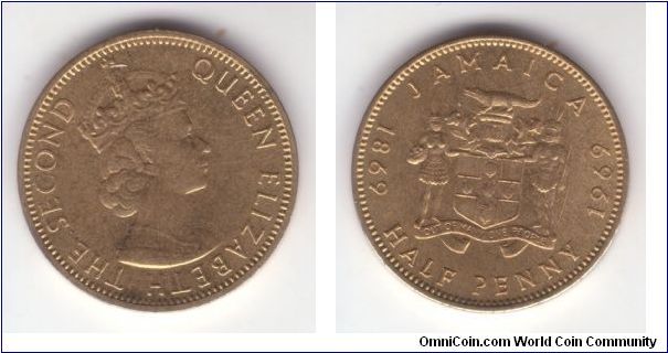 KM-41, 1969 Jamaica half penny; centennial coinage; mintage 30,000