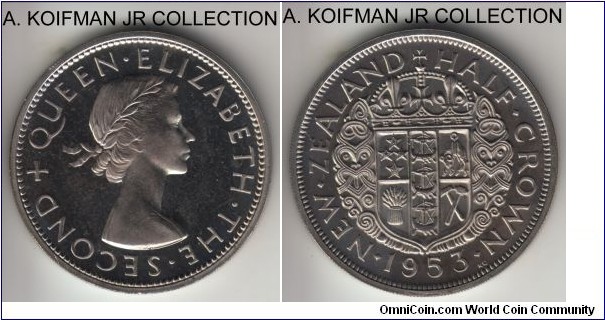 KM-29.1, 1953 New Zealand half crown; proof, copper-nickel, reeded edge; Elizabeth II, proof from the set, toning creating light cameo effect, mintage 7,000.