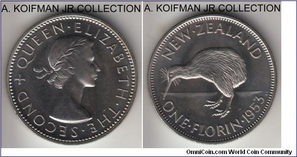 KM-28.1, 1953 New Zealand florin; proof, copper-nickel, reeded edge; Elizabeth II, from the proof set, mintage 7,000, minimal toning.