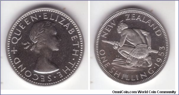 KM-27.1, 1953 New Zealand proof shilling;