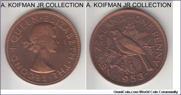 KM-24.1, 1953 New Zealand penny; proof, bronze, plain edge; Elizabeth II, from proof set, mintage 7,000, red brown uncirculated, highly reflective, hence dark picture.