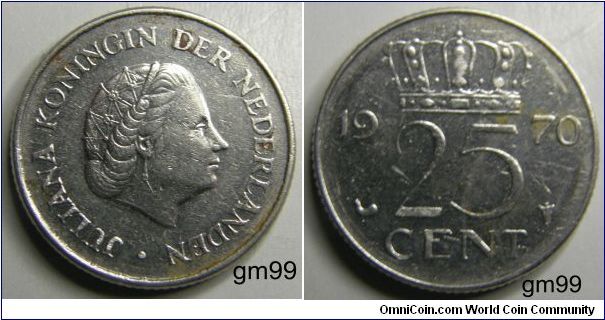 25 Cents (Nickel) : 1950-1980
Obverse: Queen Juliana right,
JULIANA KONINGIN DER NEDERLANDEN
Reverse: Crown over legend,
date 25 CENT