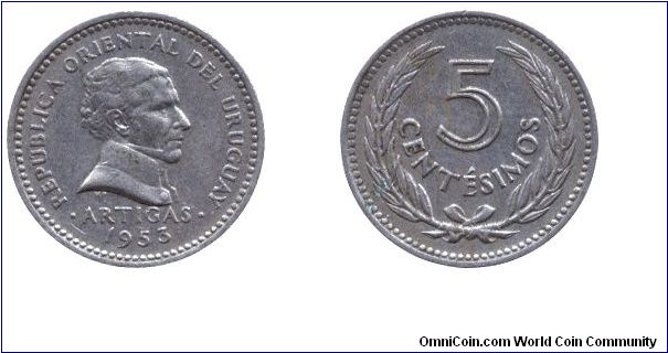 Uruguay, 5 centesimos, 1953, Cu-Ni, Artigas.                                                                                                                                                                                                                                                                                                                                                                                                                                                                        