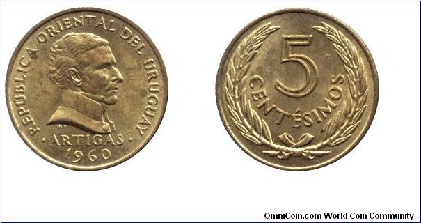 Uruguay, 5 centesimos, 1960, Ni-Brass, Artigas.                                                                                                                                                                                                                                                                                                                                                                                                                                                                     