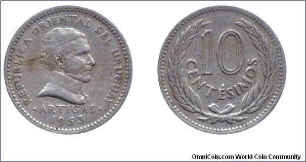 Uruguay, 10 centesimos, 1953, Cu-Ni, Artigas.                                                                                                                                                                                                                                                                                                                                                                                                                                                                       