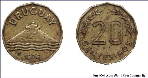 Uruguay, 20 centesimos, 1976, Al-Bronze, Cerro de Montevideo.                                                                                                                                                                                                                                                                                                                                                                                                                                                       