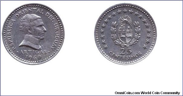 Uruguay, 25 centesimos, 1960, Cu-Ni, Artigas.                                                                                                                                                                                                                                                                                                                                                                                                                                                                       