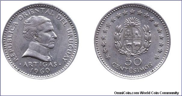 Uruguay, 50 centesimos, 1960, Cu-Ni, Artigas.                                                                                                                                                                                                                                                                                                                                                                                                                                                                       