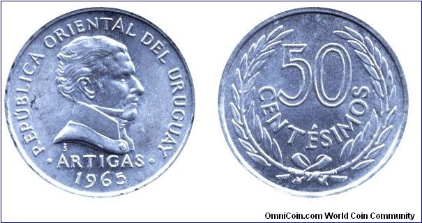 Uruguay, 50 centimos, 1965, Al, Artigas.                                                                                                                                                                                                                                                                                                                                                                                                                                                                            