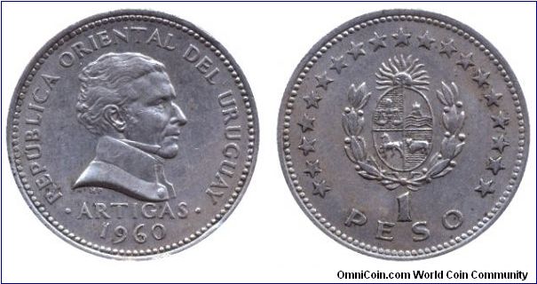 Uruguay, 1 peso, 1960, Cu-Ni, Artigas.                                                                                                                                                                                                                                                                                                                                                                                                                                                                              