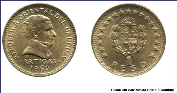 Uruguay, 1 peso, 1965, Al-Bronze, Artigas.                                                                                                                                                                                                                                                                                                                                                                                                                                                                          