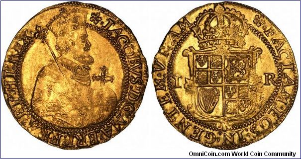 Half length portrait of King James, with a large crowned shield on the reverse.
The legend (inscription) on the reverse appear to be what distinguishes a Unite from any otherwise similar denomination. This reads:
FACIAM EOS IN GENTEM UNAM, which translates from Latin to English as 'I will make them one nation'. Mintmark cinquefoil dates this between 1613 and 1615.