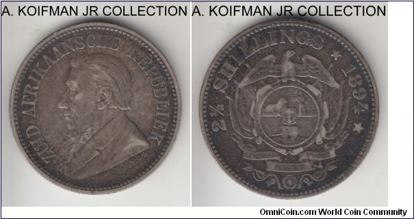 KM-7, 1894 Zuid-Afrikkansche Republiek (ZAR) South Africa 2 1/2 shillings; silver, reeded edge; Boer Republic coinage, scarcer year, mintage 135,000, very fine.