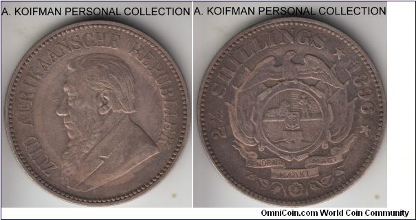 KM-7, 1896 Zuid-Afrikkansche Republiek (ZAR) South Africa 2 1/2 shillings; silver, reeded edge; good very fine, later mintage, quote common.
