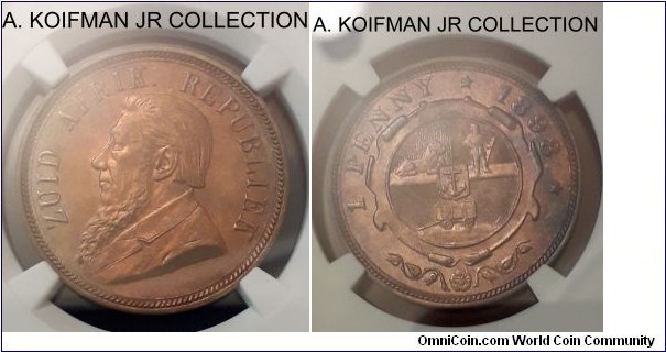 KM-2, 1898 Zuid-Afrikaansche Republiek (ZAR) South Africa penny; bronze, plain edge; Roer Republic issue, last year of the type, NGC graded MS 63 red brown.