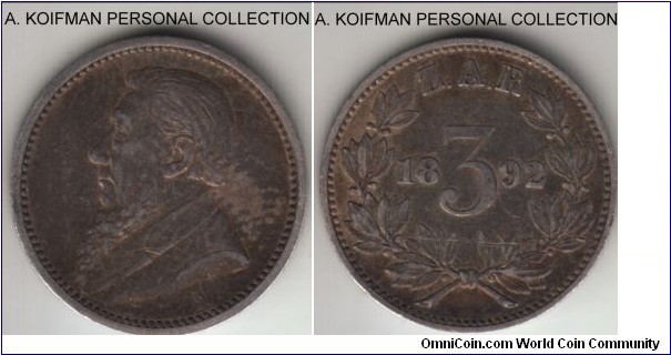 KM-3, 1892 Zuid-Afrikkansche Republiek (ZAR) South Africa 3 pence; silver, plain edge, dark naturally toned good very fine, a cut/scratch at the reverse, mintage 24,000.