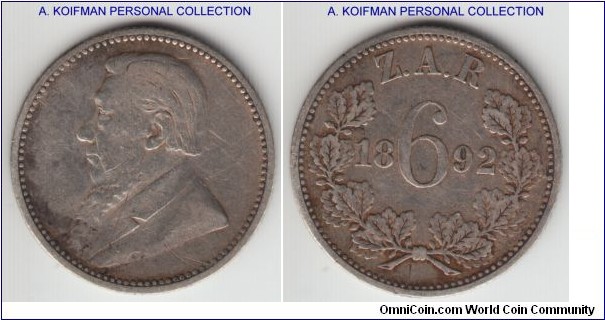 KM-4, 1892 Zuid-Afrikkansche Republiek (ZAR) South Africa 6 pence; silver, reeded edge, cleaned good fine to very fine, mintage 28,000.