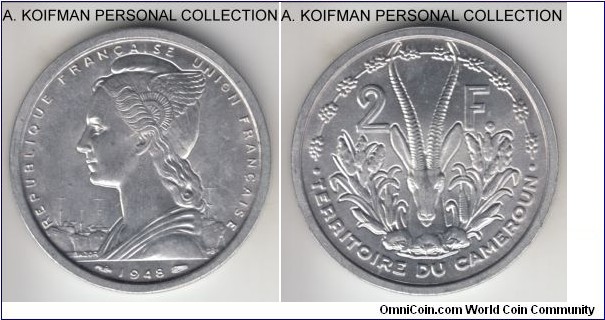 KM-9, 1948 Cameroon 2 francs; aluminum, plain edge; very common but nice bright lustrous uncirculated.