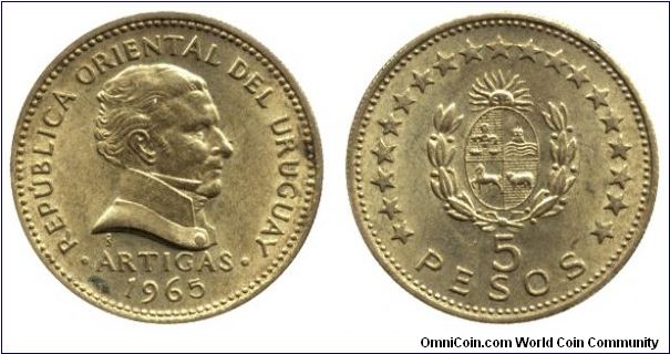 Uruguay, 5 pesos, 1965,Al-Bronze, Artigas.                                                                                                                                                                                                                                                                                                                                                                                                                                                                          