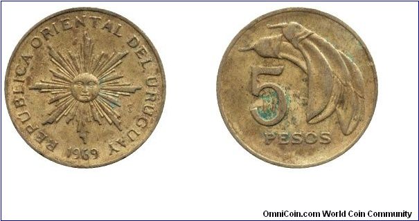 Uruguay, 5 pesos, 1969, Al-Bronze, Sun, Ceibo - National Flower.                                                                                                                                                                                                                                                                                                                                                                                                                                                    