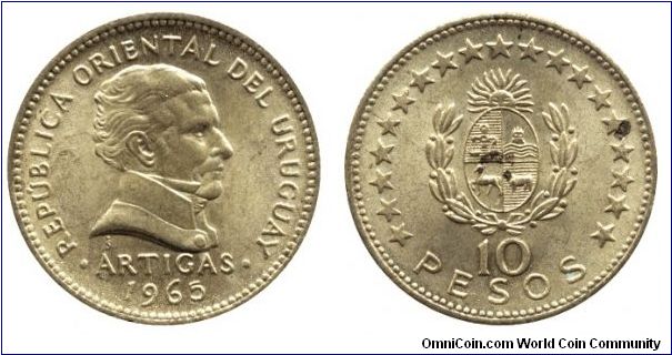 Uruguay, 10 pesos, 1965, Al-Bronze, Artigas.                                                                                                                                                                                                                                                                                                                                                                                                                                                                        
