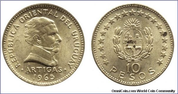 Uruguay, 10 pesos, 1965, Al-Bronze, Artigas.                                                                                                                                                                                                                                                                                                                                                                                                                                                                        
