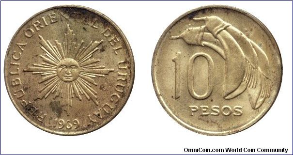 Uruguay, 10 pesos, 1969, Al-Bronze, Sun, Ceibo - National Flower.                                                                                                                                                                                                                                                                                                                                                                                                                                                   