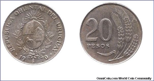 Uruguay, 20 pesos, 1970, Cu-Ni, Wheat.                                                                                                                                                                                                                                                                                                                                                                                                                                                                              