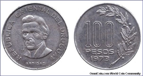 Uruguay, 100 pesos, 1973, Cu-Ni, Artigas.                                                                                                                                                                                                                                                                                                                                                                                                                                                                           