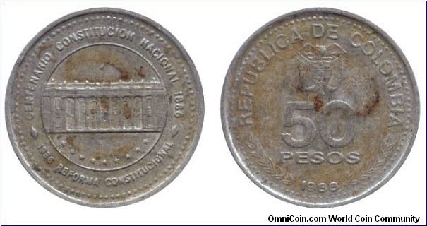 Colombia, 50 pesos, 1988, Cu-Ni, Centenario Constitucion Nacional 1886, 1936 Reforma Constitucional.                                                                                                                                                                                                                                                                                                                                                                                                                