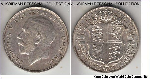 KM-818.2, 1923 Great Britain 1/2 crown; silver, reeded edge; this one is a great example of how hard it is to grade 500 finess George V coins, obverse would grade good very fine to extra fine softly struck, while reverse is showing strong about uncirculated state; go figure...