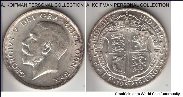 KM-818.1, Great Britain 1915 half crown; silver, reeded edge; it is in what I think is a mint state; still, late die use inicated by a die break (rather rare in the 20-th century British coins) and flat incompletely struck detail in the left bottom part of the crown, peripheral toning.
