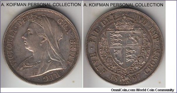 KM-782, 1897 Great Britain half crown; silver, reeded edge; very fine to good very fine grade, but probably cleaned at some time in the past.
